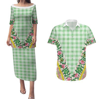 Hawaii Pikake Lokelani Plumeria Lei Couples Matching Puletasi and Hawaiian Shirt Green Palaka Motifs