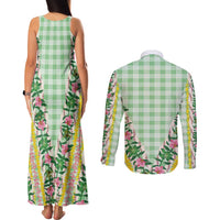 Hawaii Pikake Lokelani Plumeria Lei Couples Matching Tank Maxi Dress and Long Sleeve Button Shirt Green Palaka Motifs