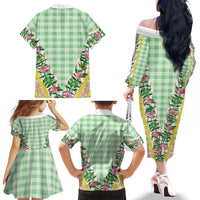 Hawaii Pikake Lokelani Plumeria Lei Family Matching Off The Shoulder Long Sleeve Dress and Hawaiian Shirt Green Palaka Motifs