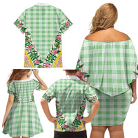 Hawaii Pikake Lokelani Plumeria Lei Family Matching Off Shoulder Short Dress and Hawaiian Shirt Green Palaka Motifs