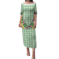 Hawaii Pikake Lokelani Plumeria Lei Family Matching Puletasi and Hawaiian Shirt Green Palaka Motifs