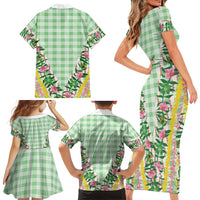 Hawaii Pikake Lokelani Plumeria Lei Family Matching Short Sleeve Bodycon Dress and Hawaiian Shirt Green Palaka Motifs