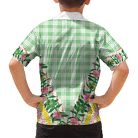 Hawaii Pikake Lokelani Plumeria Lei Family Matching Summer Maxi Dress and Hawaiian Shirt Green Palaka Motifs