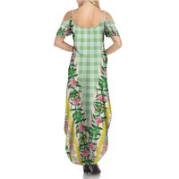 Hawaii Pikake Lokelani Plumeria Lei Family Matching Summer Maxi Dress and Hawaiian Shirt Green Palaka Motifs