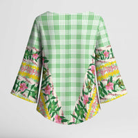 Hawaii Pikake Lokelani Plumeria Lei Kimono Sleeve Blouse Green Palaka Motifs