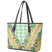 Hawaii Pikake Lokelani Plumeria Lei Leather Tote Bag Green Palaka Motifs