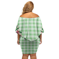 Hawaii Pikake Lokelani Plumeria Lei Off Shoulder Short Dress Green Palaka Motifs