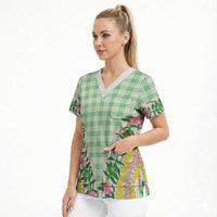 Hawaii Pikake Lokelani Plumeria Lei Scrub Top Green Palaka Motifs