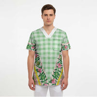 Hawaii Pikake Lokelani Plumeria Lei Scrub Top Green Palaka Motifs