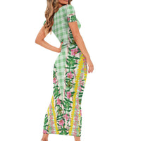 Hawaii Pikake Lokelani Plumeria Lei Short Sleeve Bodycon Dress Green Palaka Motifs