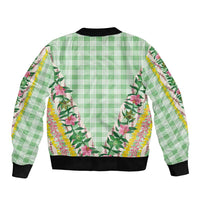 Hawaii Pikake Lokelani Plumeria Lei Sleeve Zip Bomber Jacket Green Palaka Motifs LT05 - Polynesian Pride