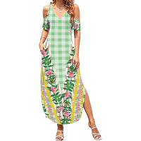 Hawaii Pikake Lokelani Plumeria Lei Summer Maxi Dress Green Palaka Motifs