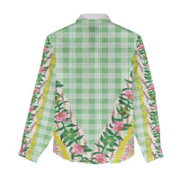 Hawaii Pikake Lokelani Plumeria Lei Women Casual Shirt Green Palaka Motifs