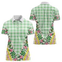 Hawaii Pikake Lokelani Plumeria Lei Women Polo Shirt Green Palaka Motifs
