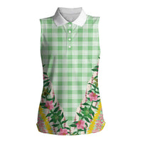 Hawaii Pikake Lokelani Plumeria Lei Women Sleeveless Polo Shirt Green Palaka Motifs