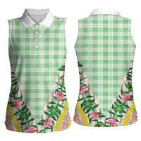 Hawaii Pikake Lokelani Plumeria Lei Women Sleeveless Polo Shirt Green Palaka Motifs