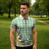 Hawaii Pikake Lokelani Plumeria Lei Zipper Polo Shirt Green Palaka Motifs