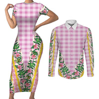 Hawaii Pikake Lokelani Plumeria Lei Couples Matching Short Sleeve Bodycon Dress and Long Sleeve Button Shirt Pink Palaka Motifs