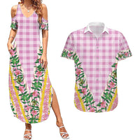 Hawaii Pikake Lokelani Plumeria Lei Couples Matching Summer Maxi Dress and Hawaiian Shirt Pink Palaka Motifs