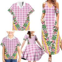Hawaii Pikake Lokelani Plumeria Lei Family Matching Summer Maxi Dress and Hawaiian Shirt Pink Palaka Motifs