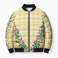 Hawaii Pikake Lokelani Plumeria Lei Bomber Puffer Jacket Yellow Palaka Motifs