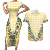 Hawaii Pikake Lokelani Plumeria Lei Couples Matching Short Sleeve Bodycon Dress and Hawaiian Shirt Yellow Palaka Motifs