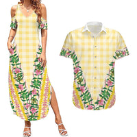 Hawaii Pikake Lokelani Plumeria Lei Couples Matching Summer Maxi Dress and Hawaiian Shirt Yellow Palaka Motifs