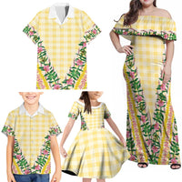 Hawaii Pikake Lokelani Plumeria Lei Family Matching Off Shoulder Maxi Dress and Hawaiian Shirt Yellow Palaka Motifs LT05 - Polynesian Pride