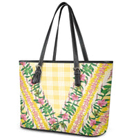 Hawaii Pikake Lokelani Plumeria Lei Leather Tote Bag Yellow Palaka Motifs LT05 - Polynesian Pride