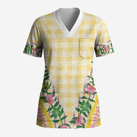 Hawaii Pikake Lokelani Plumeria Lei Scrub Top Yellow Palaka Motifs