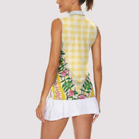 Hawaii Pikake Lokelani Plumeria Lei Women Sleeveless Polo Shirt Yellow Palaka Motifs