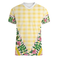 Hawaii Pikake Lokelani Plumeria Lei Women V-Neck T-Shirt Yellow Palaka Motifs