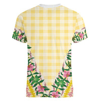 Hawaii Pikake Lokelani Plumeria Lei Women V-Neck T-Shirt Yellow Palaka Motifs