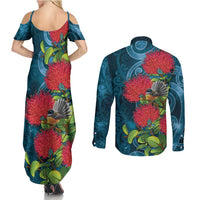 New Zealand Matariki Piwakawaka Couples Matching Summer Maxi Dress and Long Sleeve Button Shirt Maori Koru With Pohutukawa Flowers