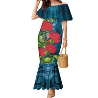 New Zealand Matariki Piwakawaka Family Matching Mermaid Dress and Hawaiian Shirt Maori Koru With Pohutukawa Flowers