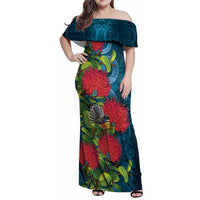 New Zealand Matariki Piwakawaka Family Matching Off Shoulder Maxi Dress and Hawaiian Shirt Maori Koru With Pohutukawa Flowers