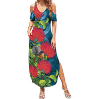New Zealand Matariki Piwakawaka Family Matching Summer Maxi Dress and Hawaiian Shirt Maori Koru With Pohutukawa Flowers