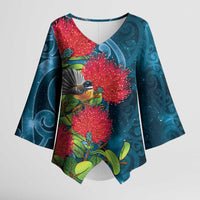 New Zealand Matariki Piwakawaka Kimono Sleeve Blouse Maori Koru With Pohutukawa Flowers