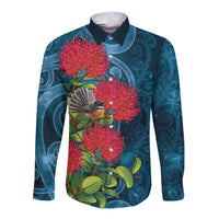 New Zealand Matariki Piwakawaka Long Sleeve Button Shirt Maori Koru With Pohutukawa Flowers