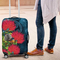 New Zealand Matariki Piwakawaka Luggage Cover Maori Koru With Pohutukawa Flowers LT05 Dark Teal - Polynesian Pride