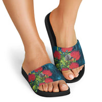 New Zealand Matariki Piwakawaka Slide Sandals Maori Koru With Pohutukawa Flowers