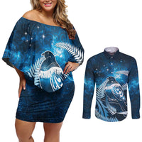 New Zealand Matariki Couples Matching Off Shoulder Short Dress and Long Sleeve Button Shirt Pigeon Kereru Maori Fern Art