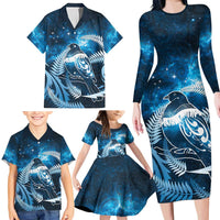 New Zealand Matariki Family Matching Long Sleeve Bodycon Dress and Hawaiian Shirt Pigeon Kereru Maori Fern Art LT05 - Polynesian Pride