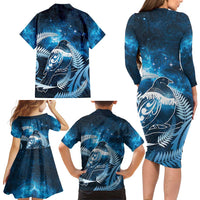 New Zealand Matariki Family Matching Long Sleeve Bodycon Dress and Hawaiian Shirt Pigeon Kereru Maori Fern Art LT05 - Polynesian Pride