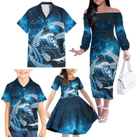 New Zealand Matariki Family Matching Off The Shoulder Long Sleeve Dress and Hawaiian Shirt Pigeon Kereru Maori Fern Art