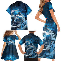 New Zealand Matariki Family Matching Short Sleeve Bodycon Dress and Hawaiian Shirt Pigeon Kereru Maori Fern Art LT05 - Polynesian Pride