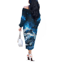 New Zealand Matariki Off The Shoulder Long Sleeve Dress Pigeon Kereru Maori Fern Art