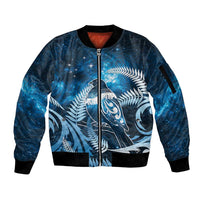 New Zealand Matariki Sleeve Zip Bomber Jacket Pigeon Kereru Maori Fern Art