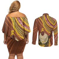 Hawaii King Kamehameha Couples Matching Off Shoulder Short Dress and Long Sleeve Button Shirt Hawaiian Kakau Pattern With Leis