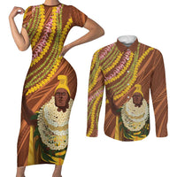 Hawaii King Kamehameha Couples Matching Short Sleeve Bodycon Dress and Long Sleeve Button Shirt Hawaiian Kakau Pattern With Leis